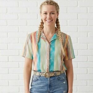 Vintage 80s Striped Pastel Blouse Womens Large Hawaiian Shirt Vacation Resort